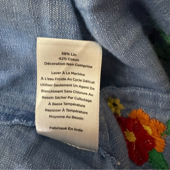 Talbots Sz S Darling Boho Folk Bird Embroidered Chambray Linen Blouse Shirt Top - Picture 12 of 12